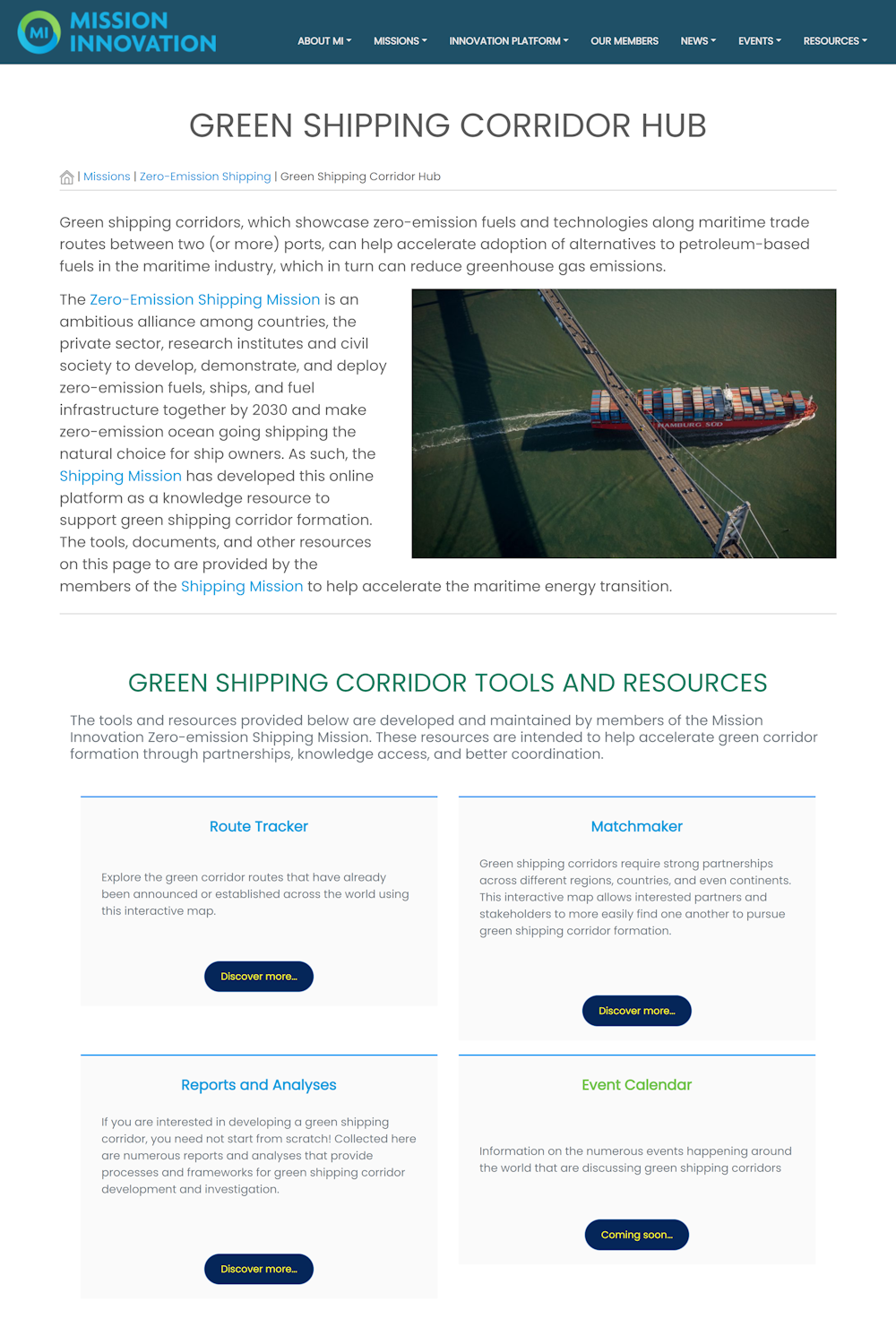 Screen shot of green shipping corridors hub