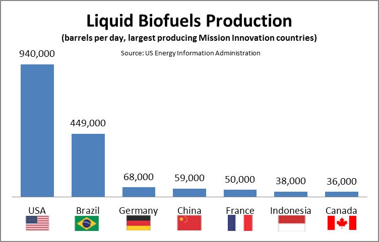 Graph of liquid biofuels production for the USA (940,000 barrels), Brazil (449,000), Germany (68,000), China (59,000), France (50,000), and Canada (36,000)